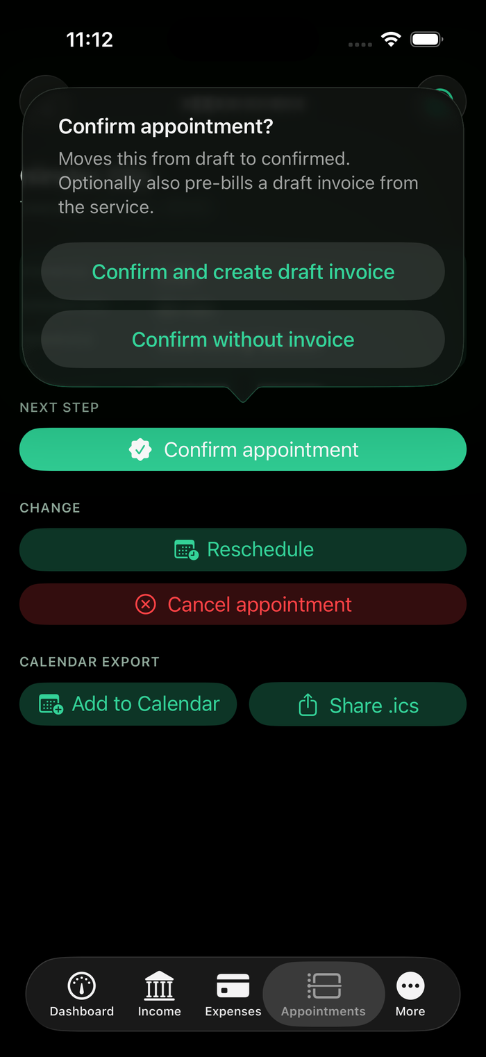 Psycounts iOS confirmation dialog offering to confirm the appointment and create a draft invoice in one step