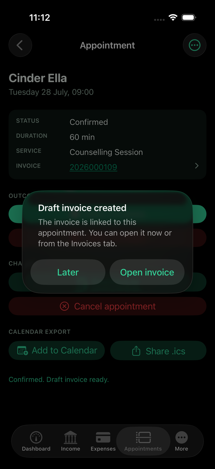 Confirmed appointment in Psycounts iOS with a linked draft invoice just created