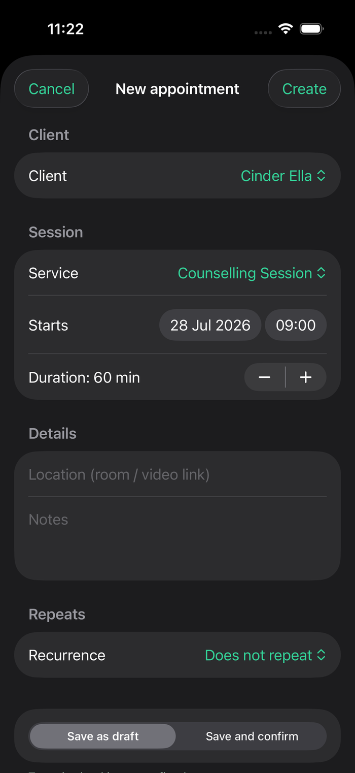 New appointment form in the Psycounts iOS app with client, service, date, time and duration