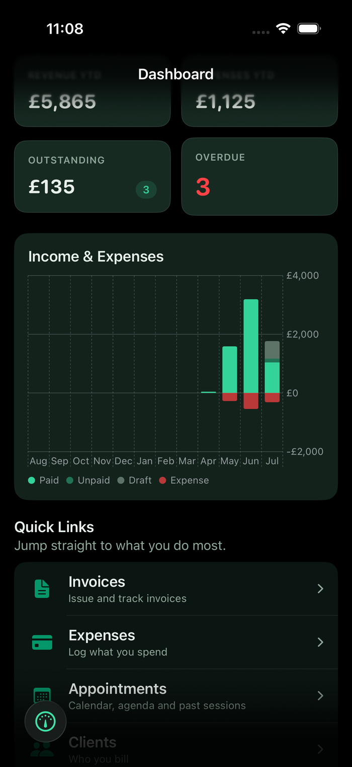 Psycounts iOS dashboard showing revenue and expenses year to date, outstanding and overdue invoices, and an income and expenses chart