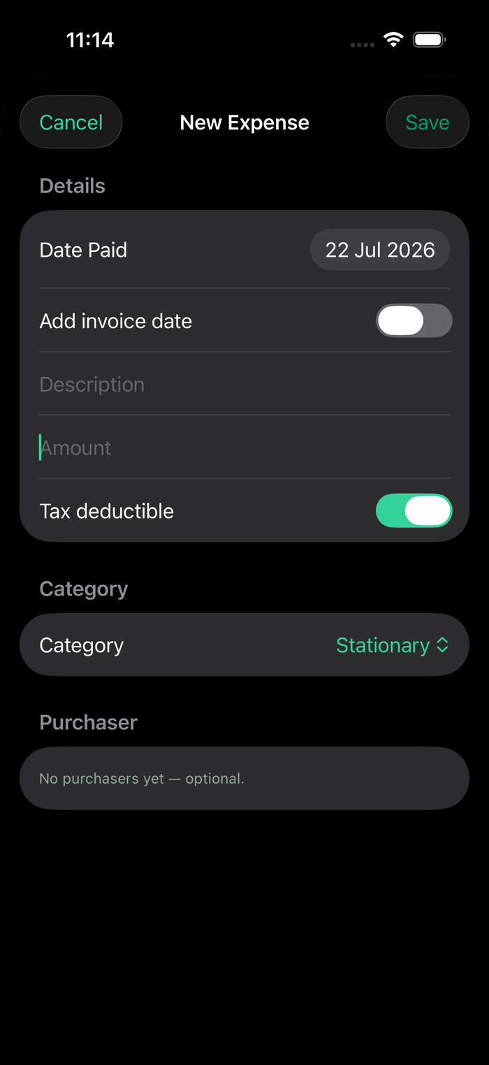 New expense form in the Psycounts iOS app with date, description, amount, tax deductible toggle and category