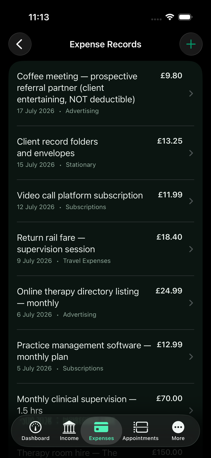 Expense records list in the Psycounts iOS app with dates, categories and amounts