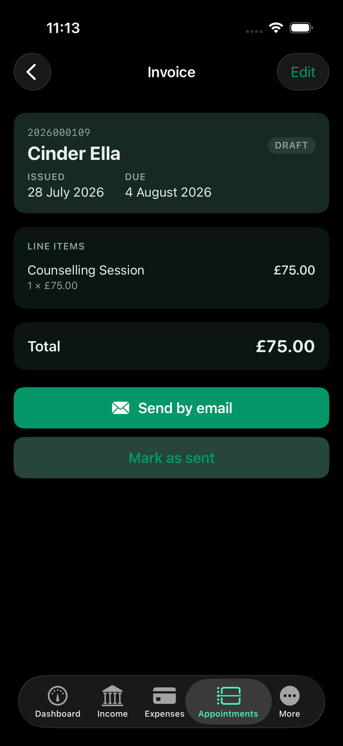 Draft invoice in Psycounts iOS showing line items, total, send by email and mark as sent