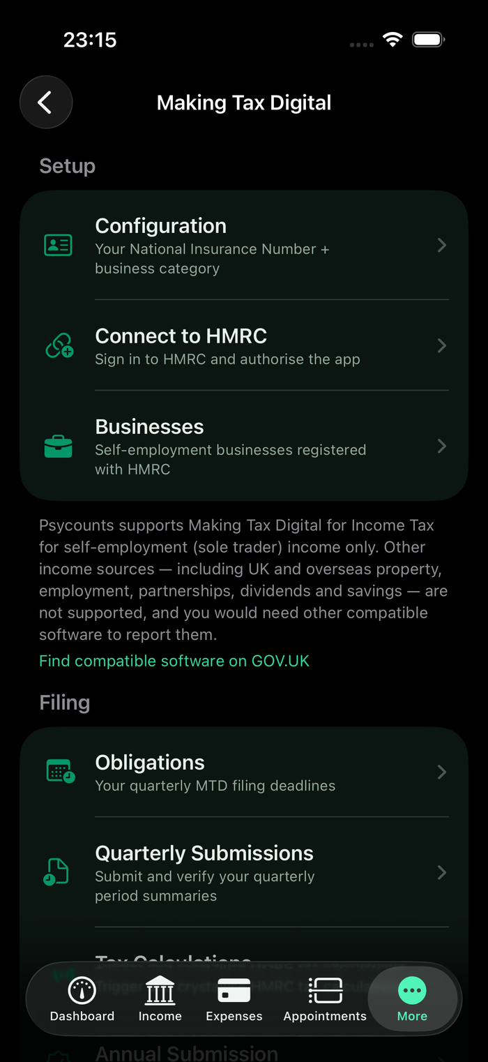 Psycounts iOS app Making Tax Digital menu with setup and filing sections