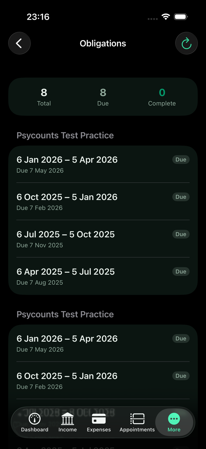 Psycounts iOS app showing HMRC quarterly obligations and their due dates